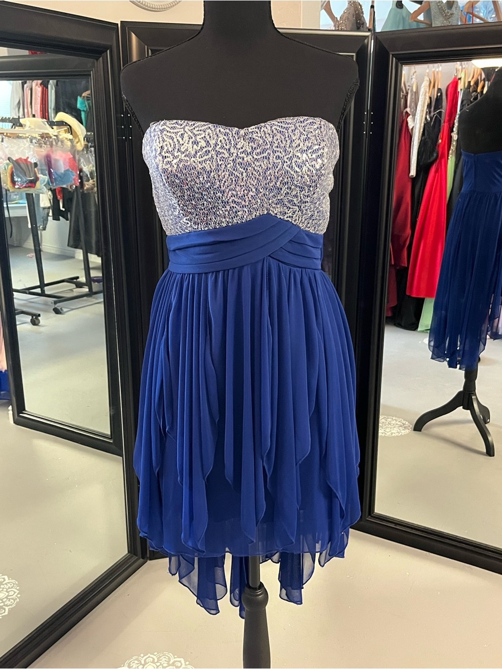 My Michelle Royal Blue Chiffon Prom Dress with Silver Sequin Bodice